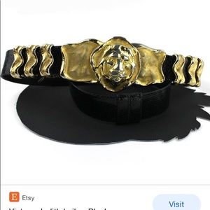 RARE Vintage JUDITH LEIBER gold Lion Head black reptile leather adjustable Belt